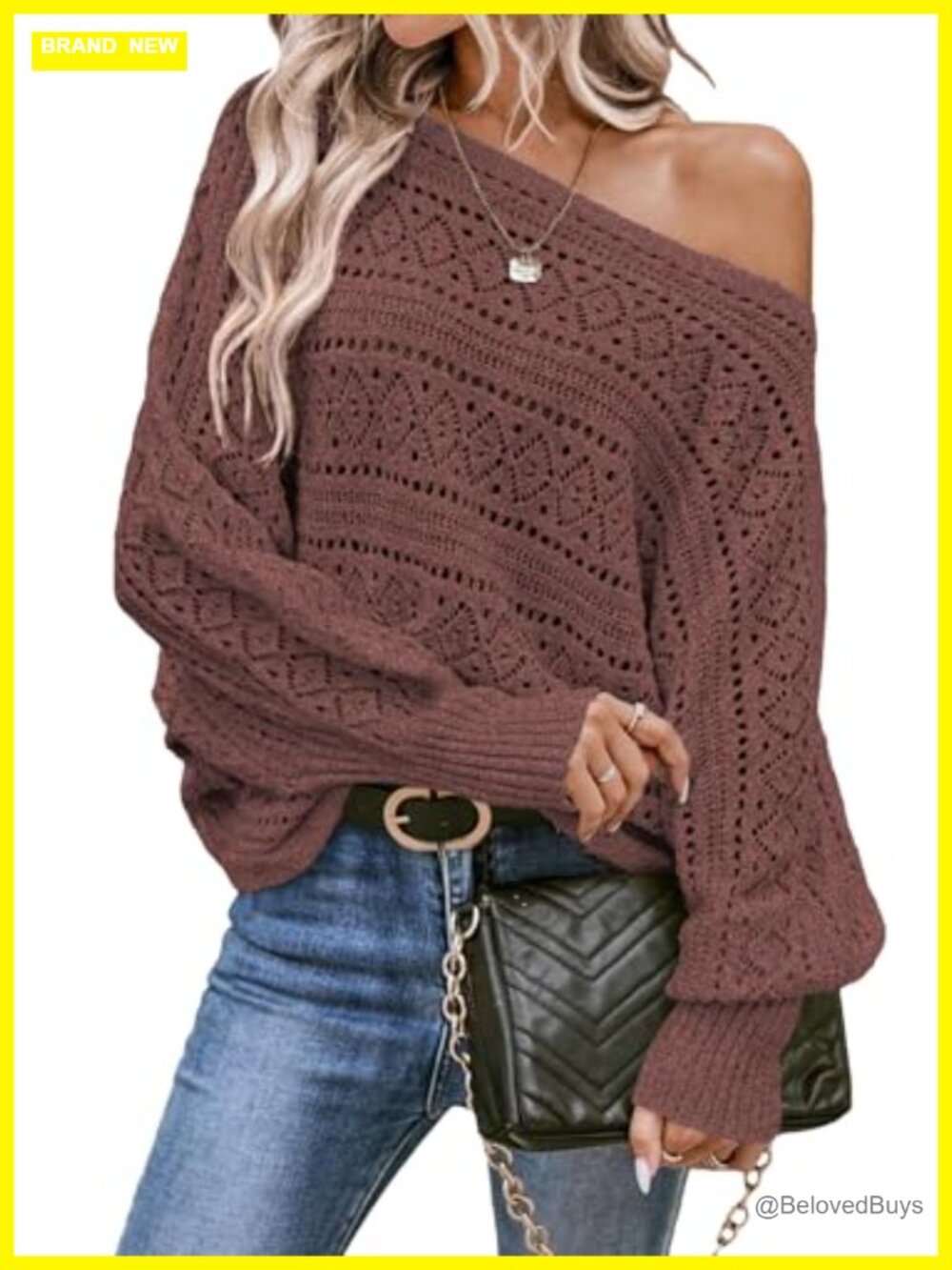 Boat Neck Crochet Long Batwing Sleeve Loose Knit Pullover Sweater